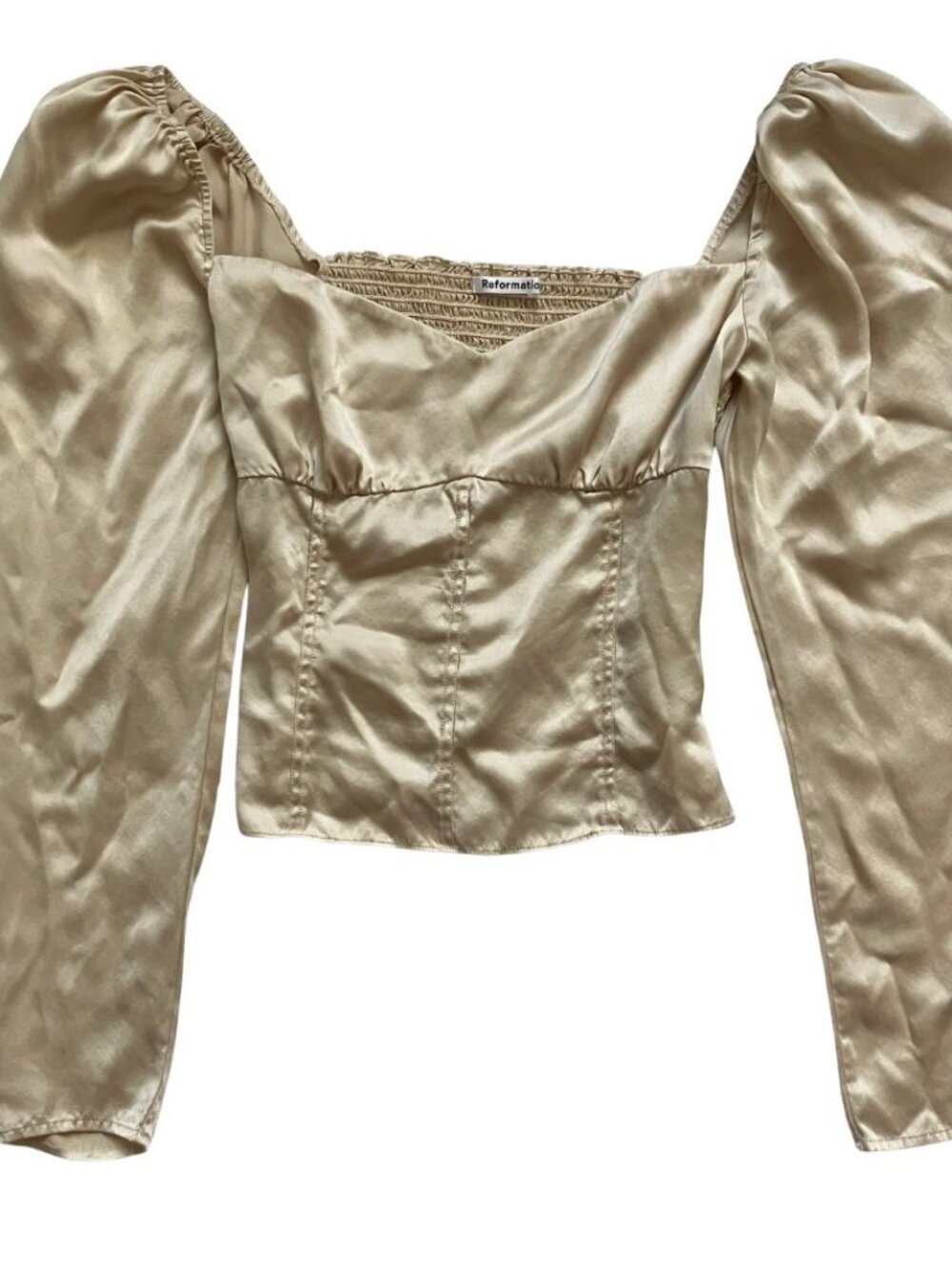 Reformation 100% Silk Long Sleeve Cropped Ruched Back Top in Champagne Size 6
